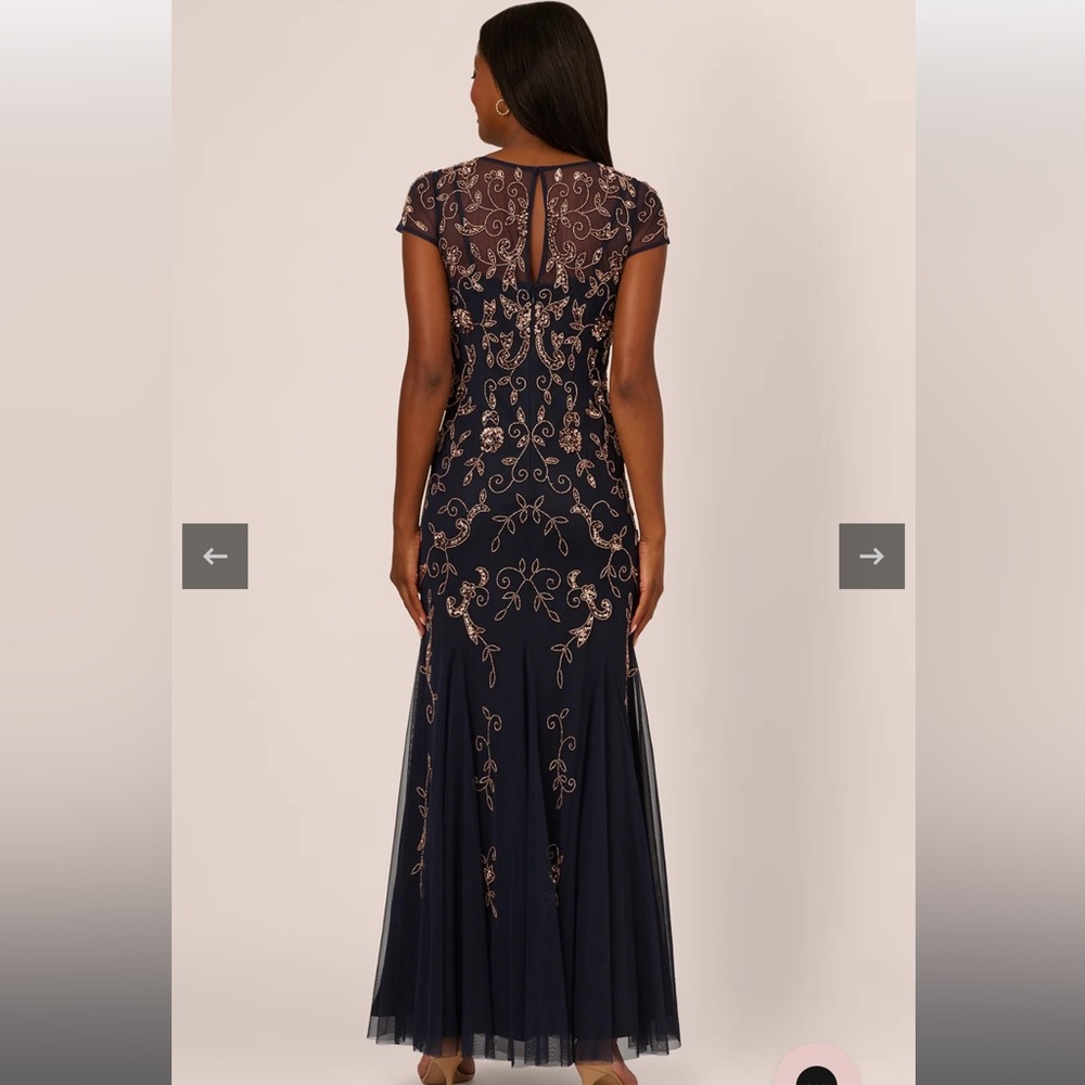 Adrianna Papell Navy Floral Beaded Gown - Picture 2 of 10